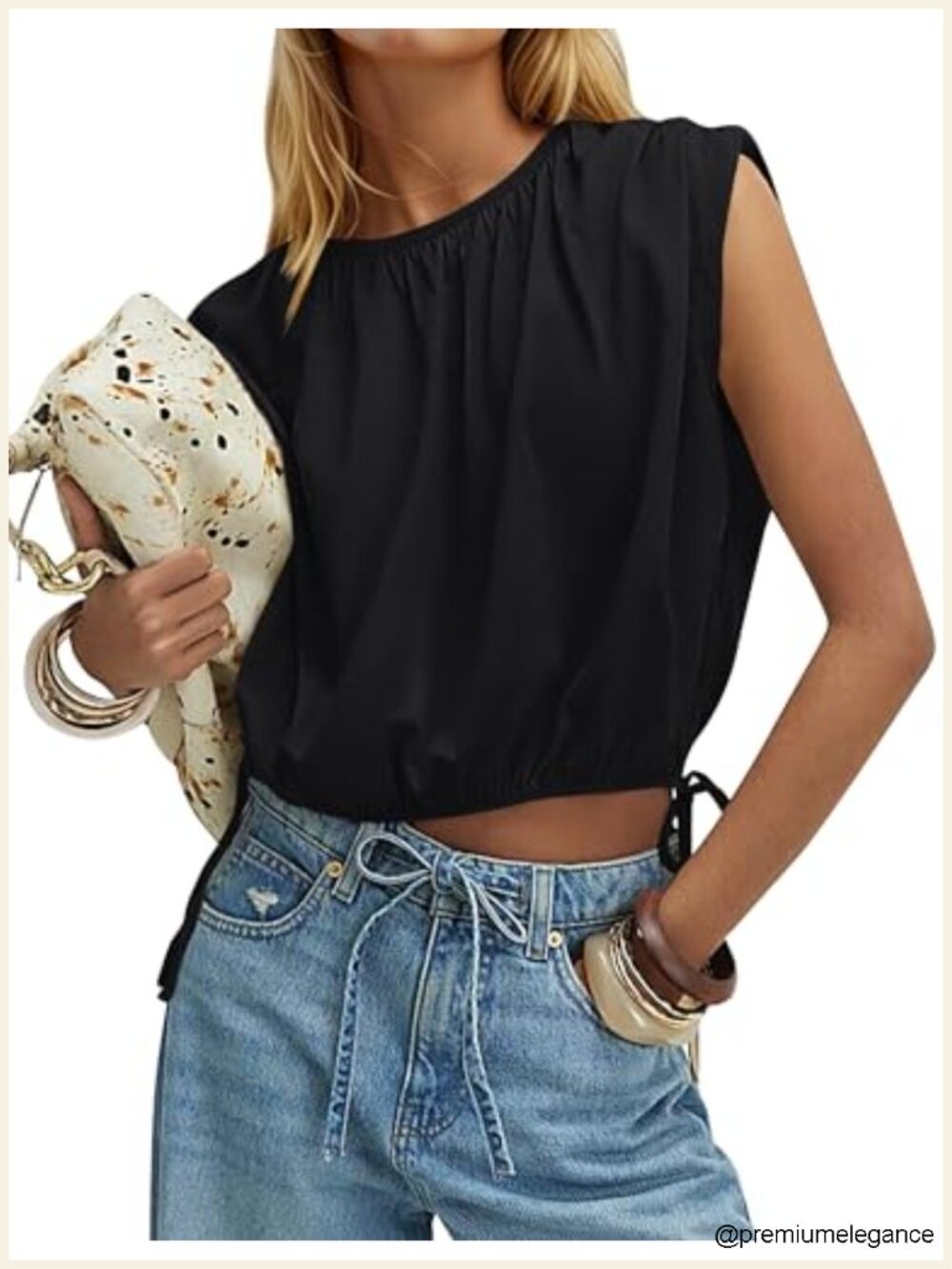 Women's Bubble Tank Top Side Tie Ruched Sleeveless Cropped Blouse Cotton Spandex